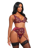 Eloise Embroidered Underwire 3 Piece Lingerie Set Burgundy showcasing intricate floral embroidery and modern glamour.