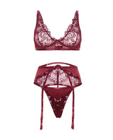 Eloise Embroidered Underwire 3 Piece Lingerie Set Burgundy showcasing intricate floral embroidery and a rich burgundy color.