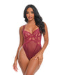 Marisol Lace and Mesh Unlined Underwire Teddy Zinfandel S/M displayed on model, showcasing elegant lace and sheer mesh.