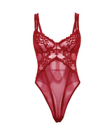 Marisol Lace and Mesh Unlined Underwire Teddy Zinfandel S/M featuring soft lace and sheer mesh in a rich burgundy shade.