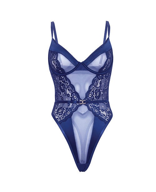 Doreen Lace and Mesh Underwire Teddy Navy Small/Medium featuring sheer lace and mesh design.