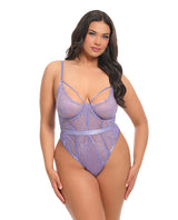 Martina Lace and Mesh Underwire Teddy Purple Haze 1X/2X in lavender lace and mesh, showcasing a curvy silhouette.