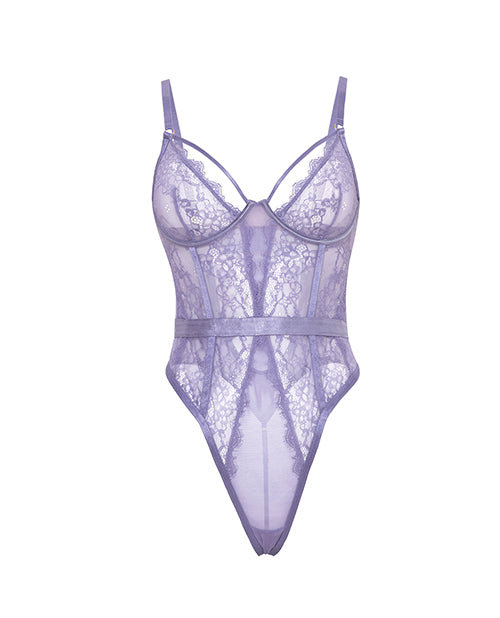 Martina Lace and Mesh Underwire Teddy Purple Haze 1X/2X in sheer lace and mesh design, featuring bold strap detailing.