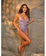 Martina Lace and Mesh Underwire Teddy Purple Haze L/XL showcased on a model, featuring lace and mesh design.