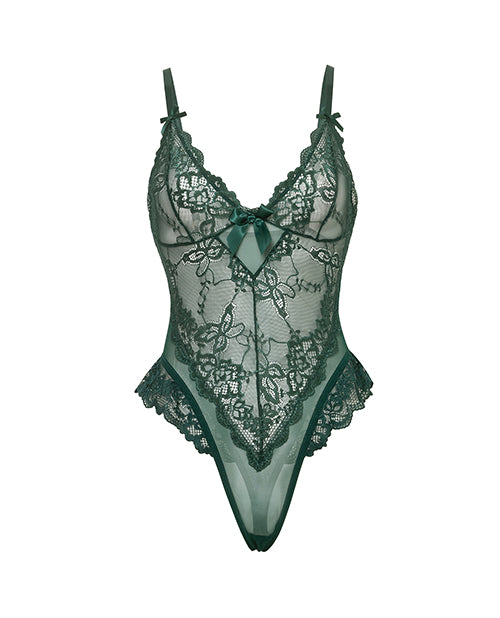 Valentine Soft Cup Lace Teddy with Bow Details Green Large lingerie showcasing lace and mesh design with satin bow accents.