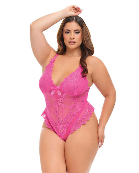 Oh La La Cheri Valentine Lace Teddy Rose 3X 4X in a floral pink color with lace and bow detailing.