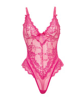 Oh La La Cheri Valentine Lace Teddy Rose 3X 4X in vibrant pink lace and mesh design with bow accents.