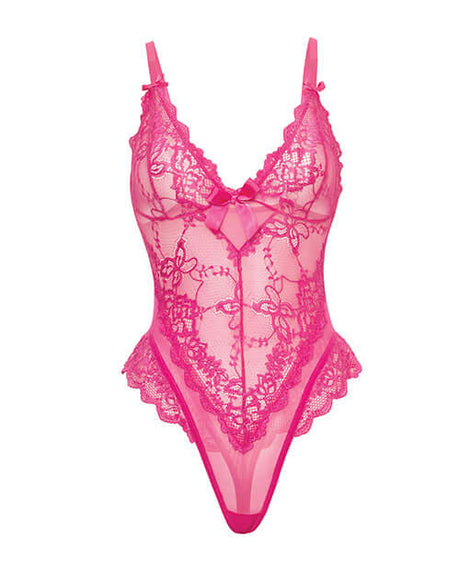 Oh La La Cheri Valentine Lace Teddy Rose 3X 4X in vibrant pink lace and mesh design with bow accents.