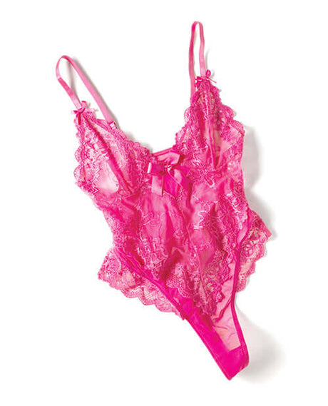 Oh La La Cheri Valentine Lace Teddy Rose 3X 4X in bright pink lace with bow accents and sheer detailing.