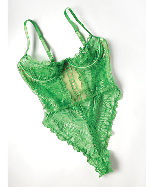 Oh La La Cheri Raine Underwire Shelf Cup Lace Teddy Green L XL displayed on a white background, featuring elegant lace details.