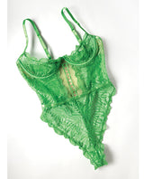 Oh La La Cheri Raine Underwire Shelf Cup Lace Teddy Green L XL displayed on a white background, featuring elegant lace details.