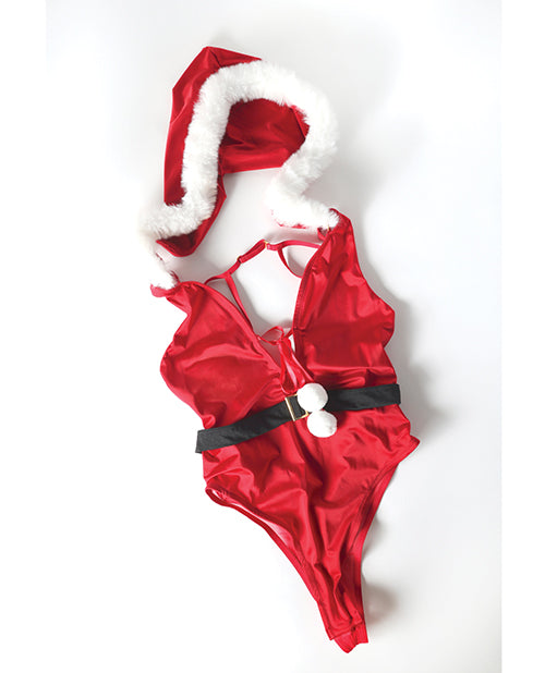 Holiday Soft Cup Satin Teddy with Detachable Hood Red White hanging with festive Santa hat.