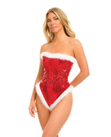 Holiday Sparkle Strapless Sequin Teddy Red White 2X with sequin detail and marabou trim for festive occasions.