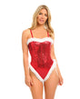 Holiday Sparkle Strapless Boned Sequin Teddy Red White Large featuring shimmering sequins and soft marabou trim.