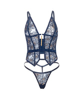 Bleu Floral Embroidered Bustier and G-String Navy Small showcasing delicate floral embroidery and sheer mesh detailing.