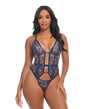 Bleu Floral Embroidered Boned Bustier and G-String Navy XL showcasing floral embroidery and sheer mesh design.