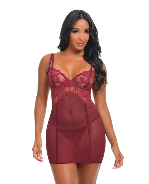 Oh La La Cheri Marisol Lace and Mesh Babydoll Zinfandel in rich burgundy, featuring sheer lace and delicate mesh.