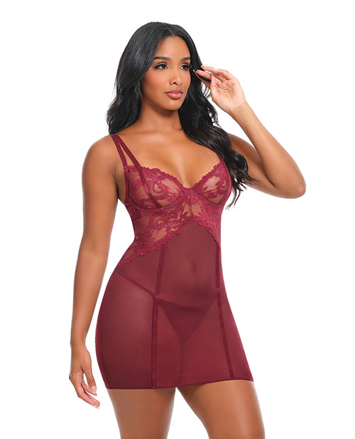 Oh La La Cheri Marisol Lace and Mesh Babydoll Zinfandel worn by a model featuring sheer lace and delicate mesh.