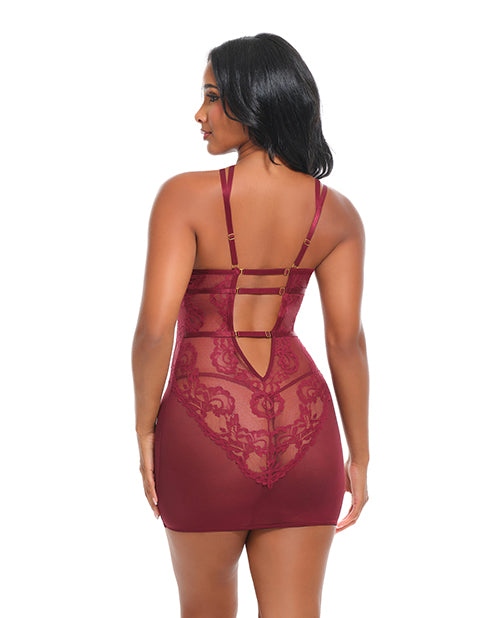 Oh La La Cheri Marisol Lace and Mesh Babydoll Zinfandel back view showcasing delicate lace and mesh design.