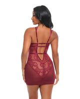 Oh La La Cheri Marisol Lace and Mesh Babydoll Zinfandel back view showcasing delicate lace and mesh design.