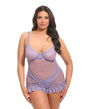 Amira Lace and Mesh Underwire Babydoll Purple Haze 1X/2X displayed on a model, showcasing soft lace and sheer mesh.