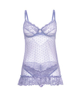 Amira Lace Underwire Babydoll with Panty Purple Haze S/M displayed in soft lace and sheer pin dot mesh.