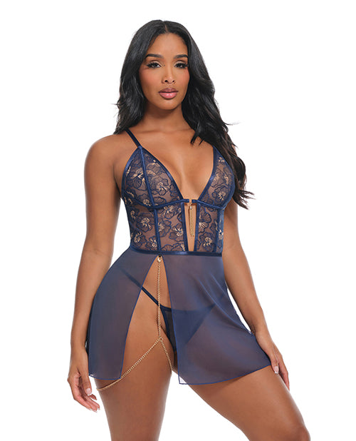 Bleu Floral Embroidered V-Plunge Babydoll Set Navy Large featuring floral embroidery and chain details.