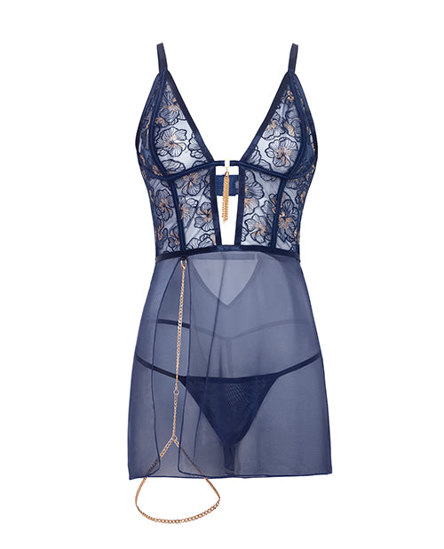 Bleu Floral Embroidered V-Plunge Babydoll Set Navy Large featuring delicate floral lace and sheer mesh design.