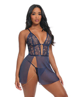 Oh La La Cheri Bleu Floral Embroidered Babydoll Navy Small featuring floral embroidery and mesh details.