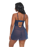 Oh La La Cheri Bleu Floral Embroidered Babydoll Navy Small back view showcasing sheer mesh and elegant design details.