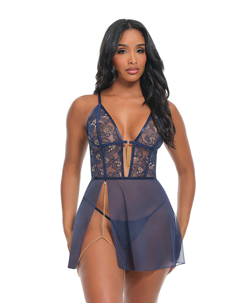 Bleu Floral Embroidered V-Plunge Babydoll Set Navy XL showcasing delicate floral embroidery and sheer mesh.