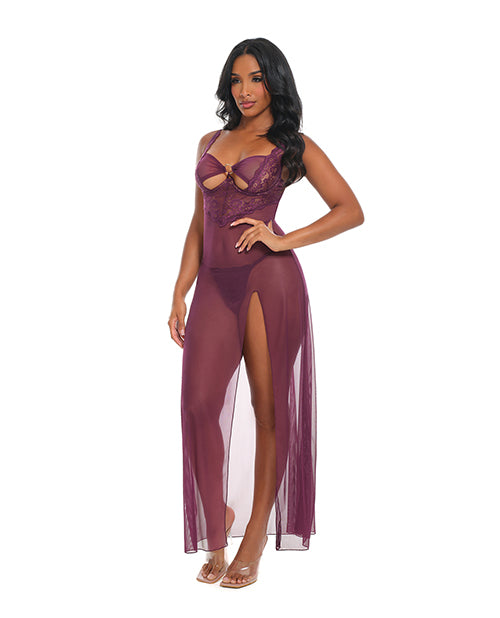 Antonella Lace Underwire Gown with O-Ring Burgundy Large displayed on a model, showcasing sheer lace and dramatic side slit.