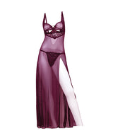 Antonella Lace Underwire Gown with O-Ring Burgundy Large showcasing sheer lace and dramatic side slit.