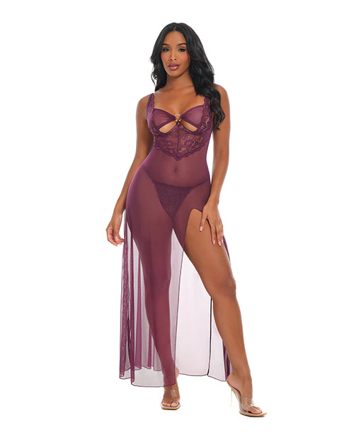 Antonella Lace Underwire Gown With O-Ring Burgundy Medium, sheer lace lingerie gown with side slit.