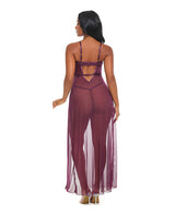 Antonella Lace Underwire Gown With O-Ring Burgundy Medium showcasing the back view with sheer fabric and side slit.