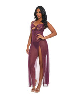 Antonella Lace Underwire Gown With O-Ring Burgundy Small showcasing sheer lace and mesh design with an alluring side slit.