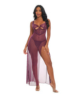 Antonella Lace Underwire Gown with O-Ring Burgundy XL showcasing sheer lace and dramatic side slit for an enticing look.