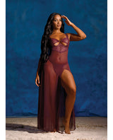 Antonella Lace Underwire Gown with O-Ring Burgundy XL showcasing sheer lace and a dramatic side slit.