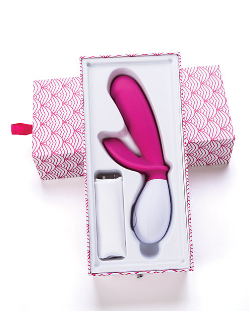 OhMiBod Lovelife Snuggle Dual Stimulation Vibe Pink in its packaging, showcasing its body-hugging design for dual pleasure.