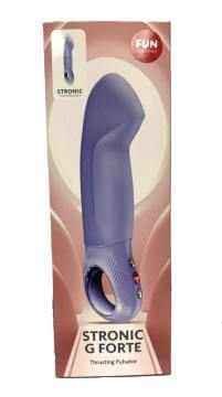 Fun Factory Stronic G Forte Thrusting Pulsator Purple in packaging showcasing its ergonomic design.