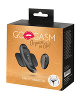 GoGasm Panty Vibrator Black packaging with logo and product details for discreet pleasure on the go.
