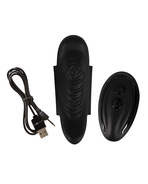 GoGasm Panty Vibrator Black with USB charging cable and remote control for discreet pleasure.