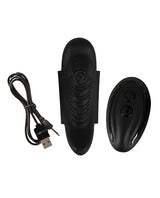 GoGasm Panty Vibrator Black with USB charging cable and remote control for discreet pleasure.