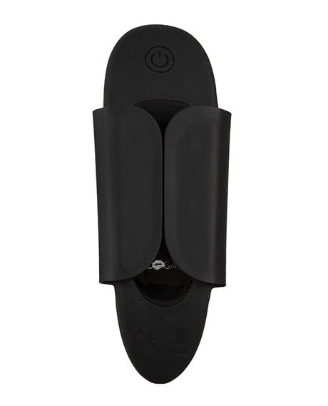GoGasm Panty Vibrator Black view from above, featuring stimulating texture and magnetic wings for secure fit.