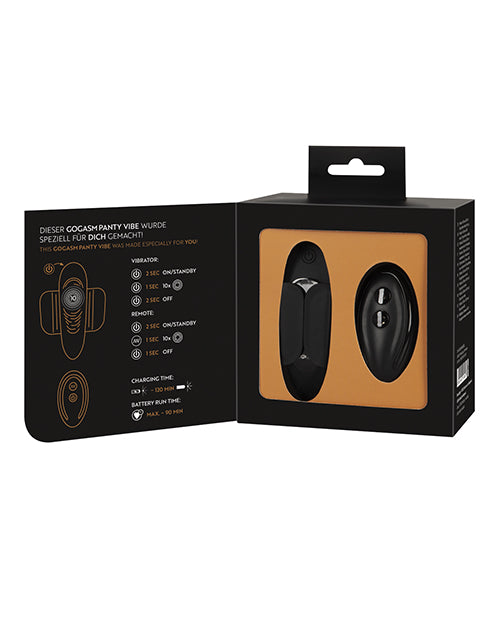 GoGasm Panty Vibrator Black packaging showing features and buttons for discreet pleasure.