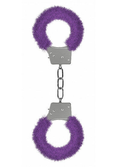 Ouch Beginner's Handcuffs Furry Purple with plush fur lining for comfort and playful restraint in the bedroom.