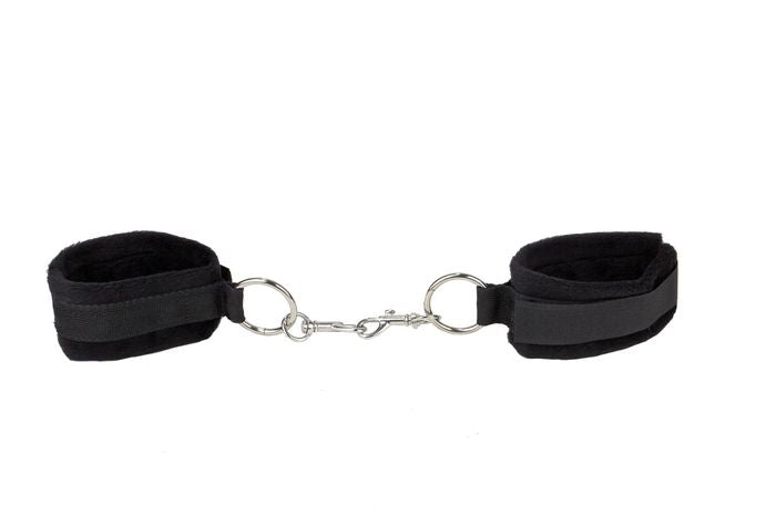 Ouch Velcro Cuffs for Hands or Ankles Black with soft furry material and adjustable Velcro.