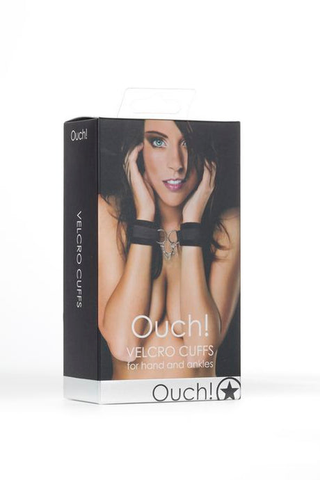 Ouch Velcro Cuffs for Hands or Ankles Black product packaging featuring a model demonstrating the cuffs.