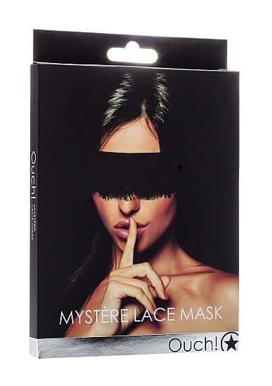 Ouch Mystere Lace Eye Mask Blindfold Black packaging with model wearing lace mask, conveying elegance and sensuality.