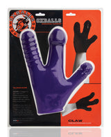 Oxballs Claw Fisting Dildo Glove Eggplant displayed in packaging, showcasing its unique design for enhanced pleasure.